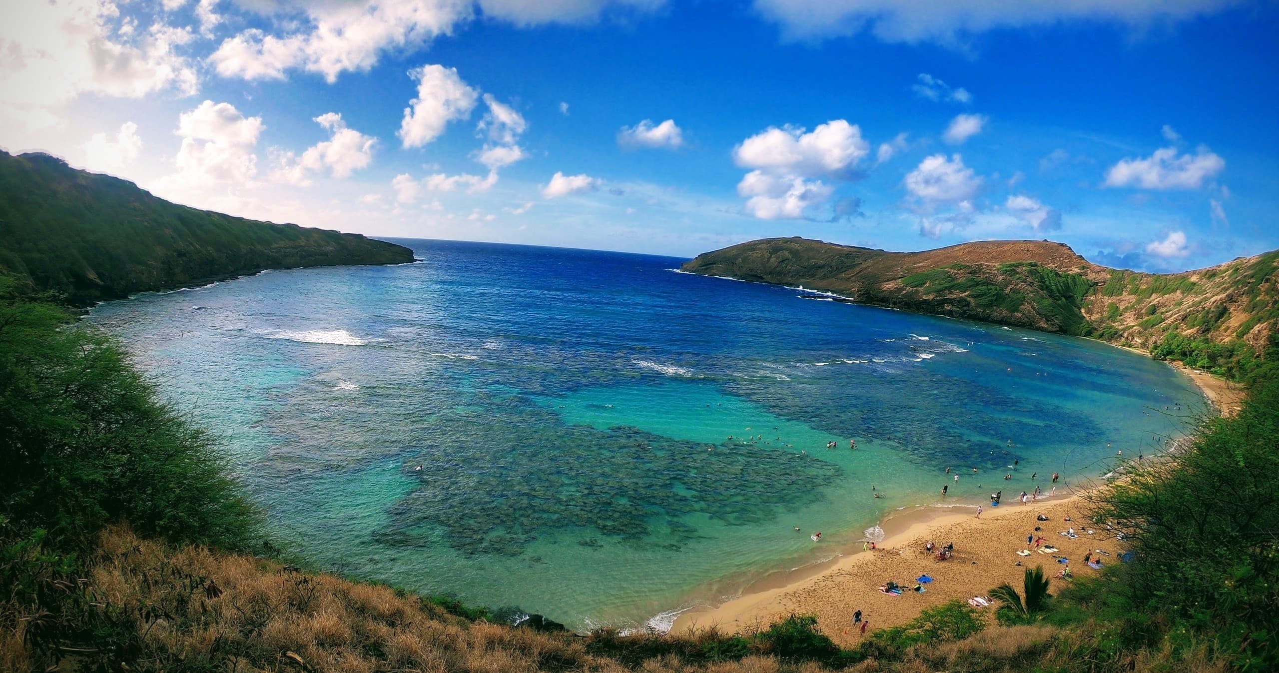 Scenic tropical bay with snorkelers and sandy beach vista