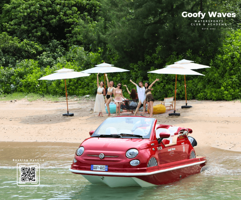 Cruise Sai Kung in Style: Retro Fiat 500 Boat Adventure with Snorkeling and VIP Beach Club Access