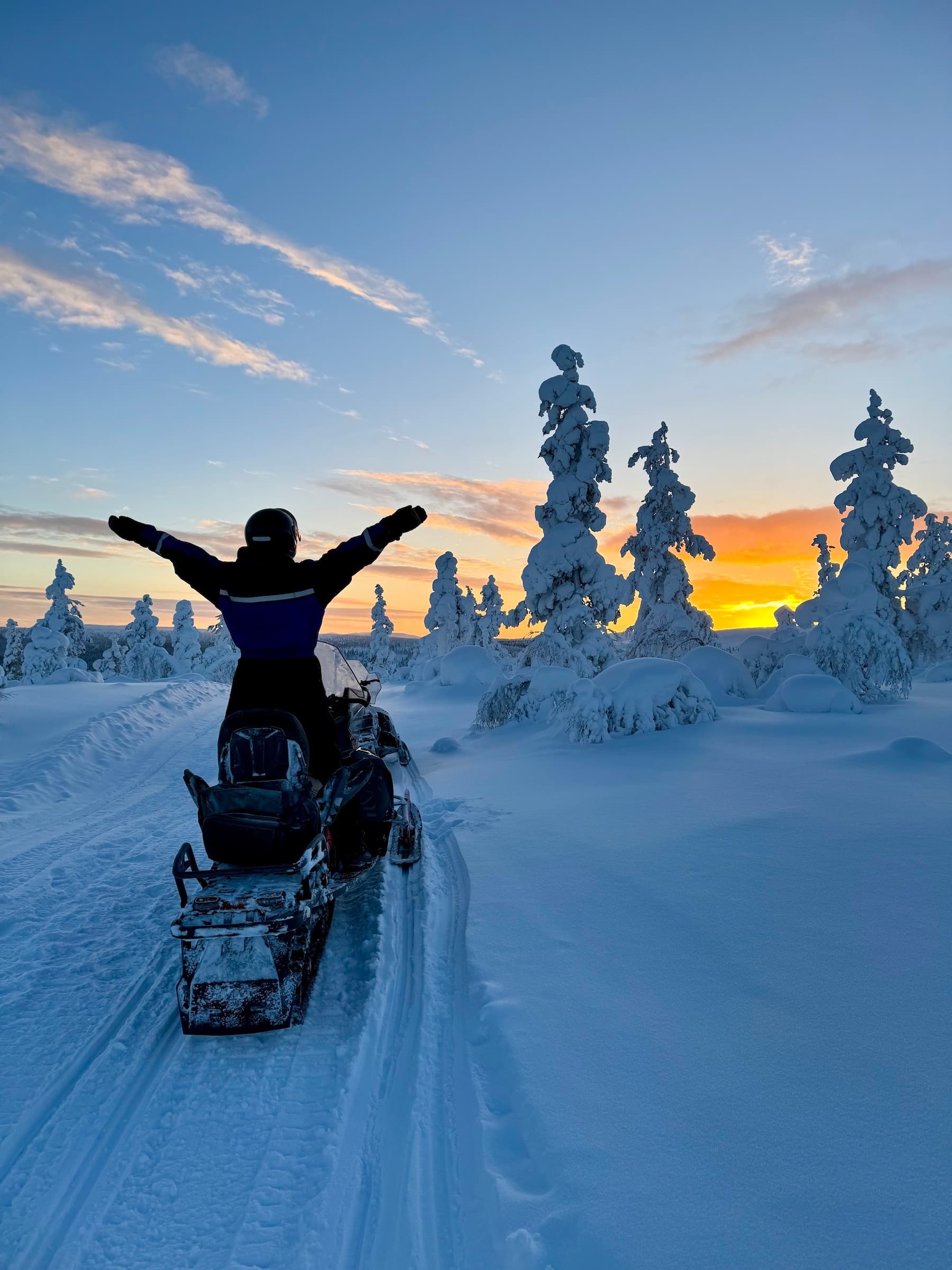 Snowmobile rider celebrating on trail during colorful arctic sunset