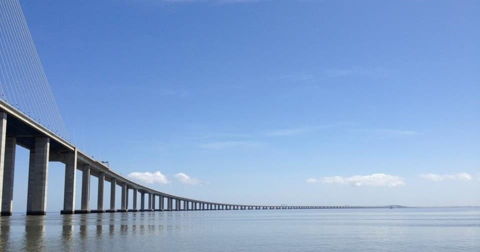 Vasco da Gama bridge over Tagus River, panoramic coastal view