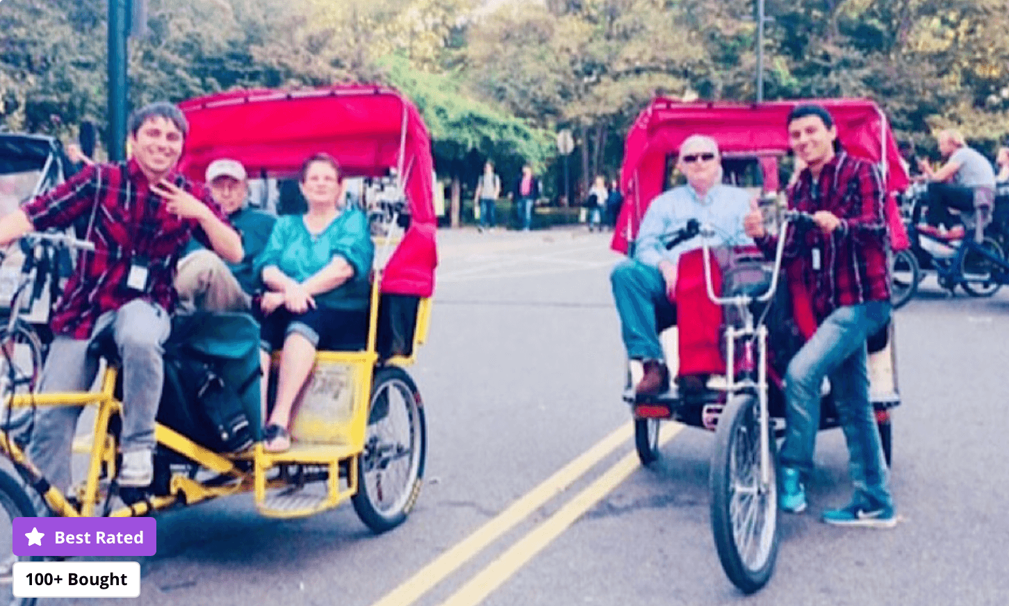 Tourists riding colorful pedicabs on busy Central Park loop