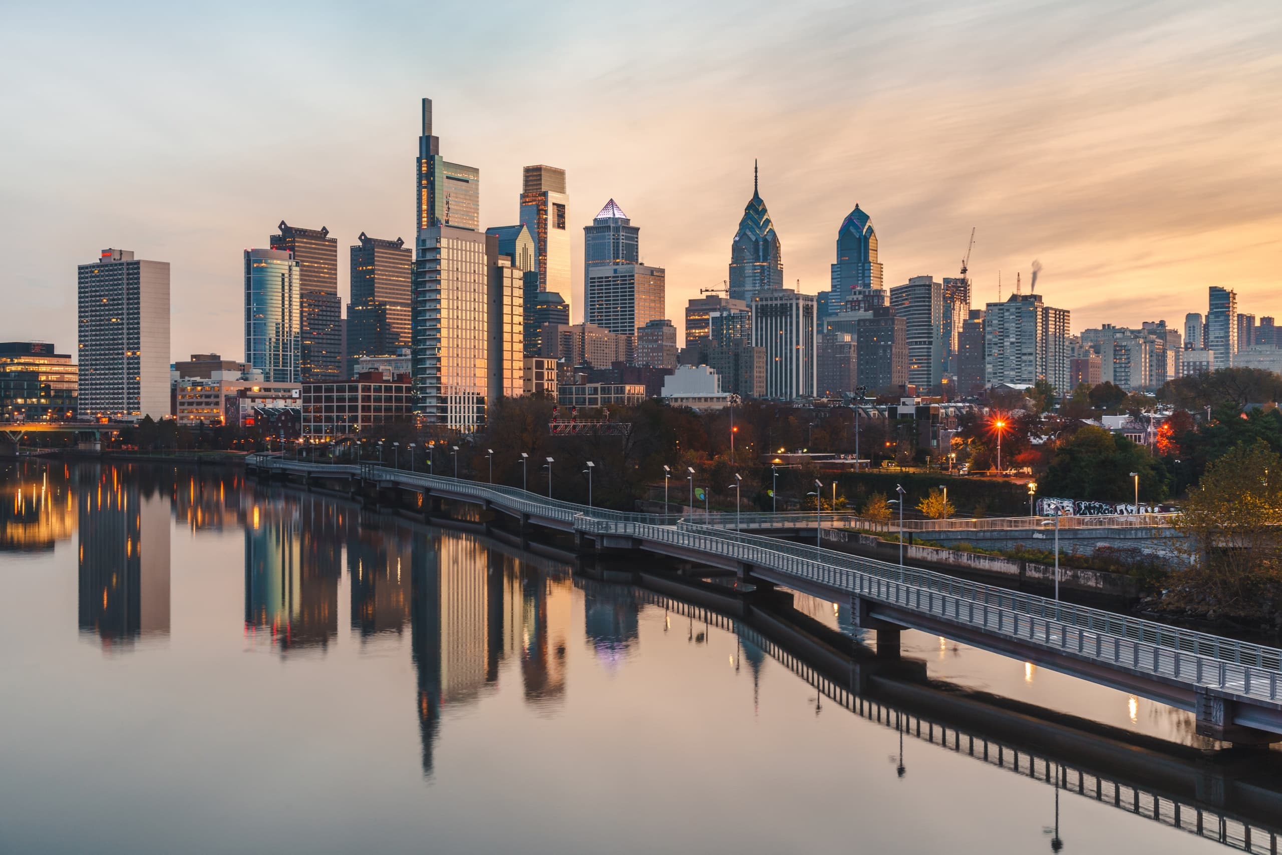 Philadelphia skyline at sunset reflected on Schuylkill River