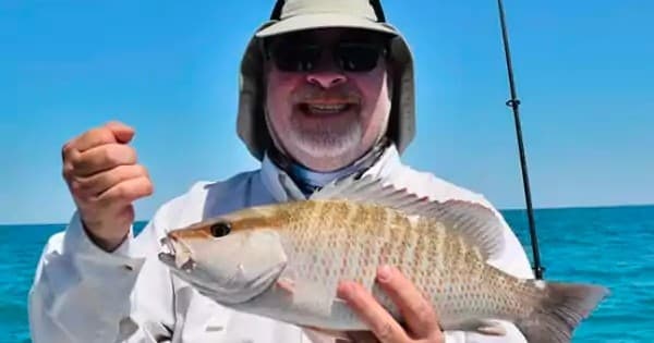 Angler holding caught fish on clear ocean during tropical fishing charter