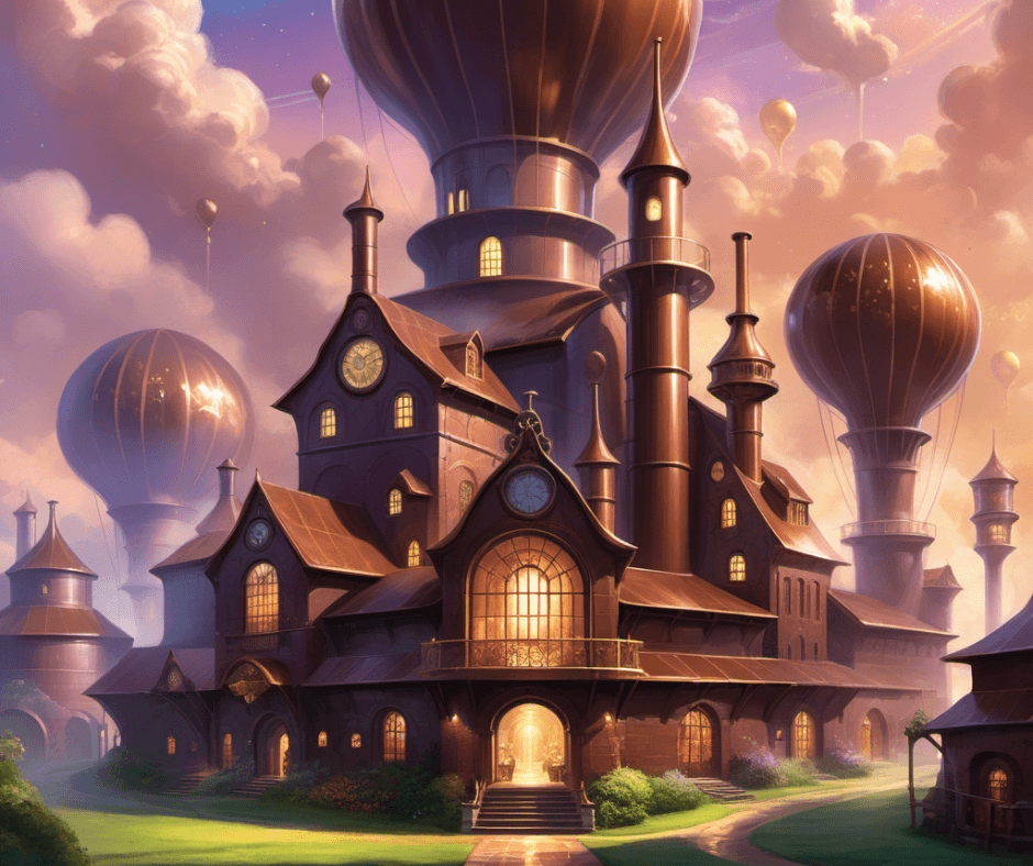 Hot air balloons floating above a whimsical mansion at sunrise