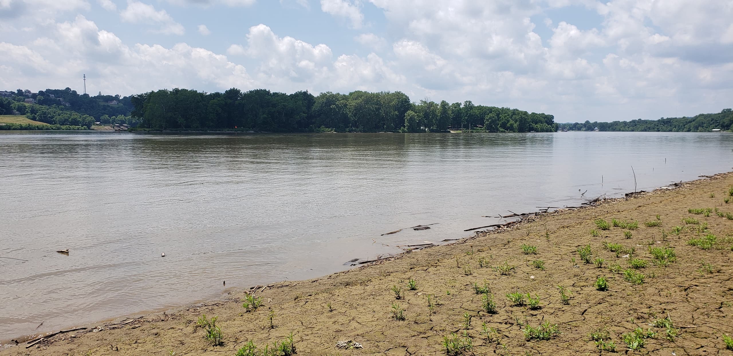 Sandy river shoreline panorama with distant tree-lined banks under sky