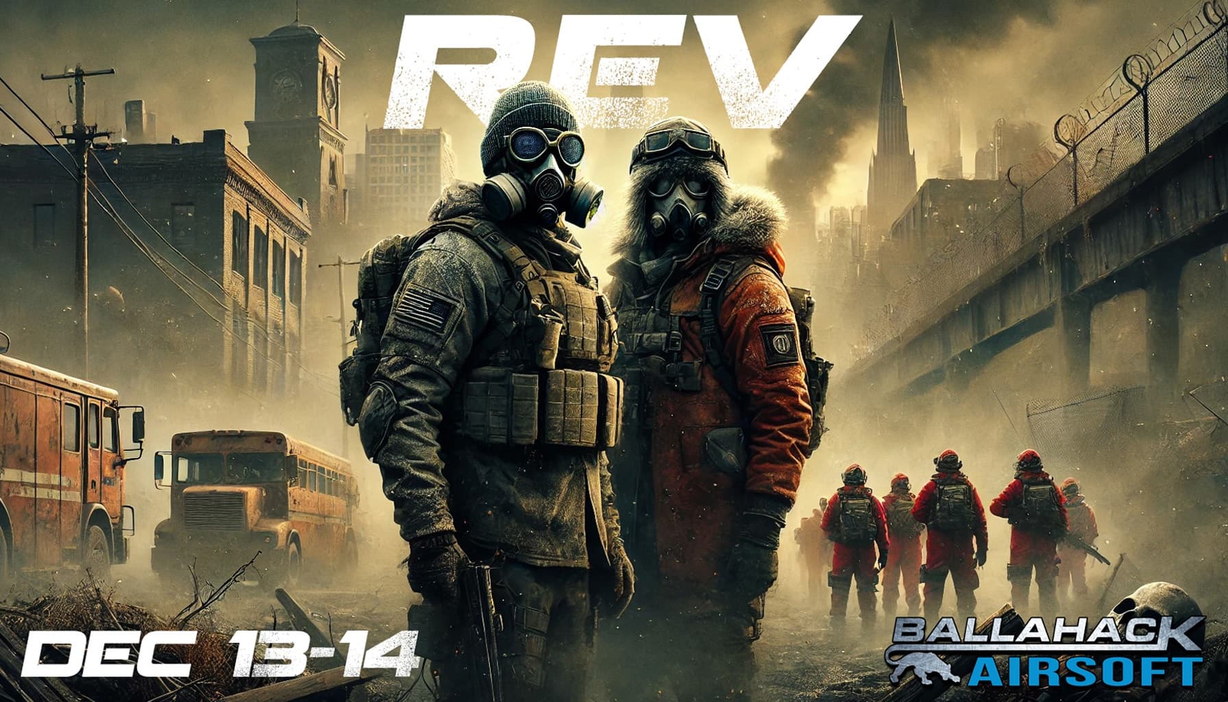 Airsoft players in urban ruins wearing gas masks during event