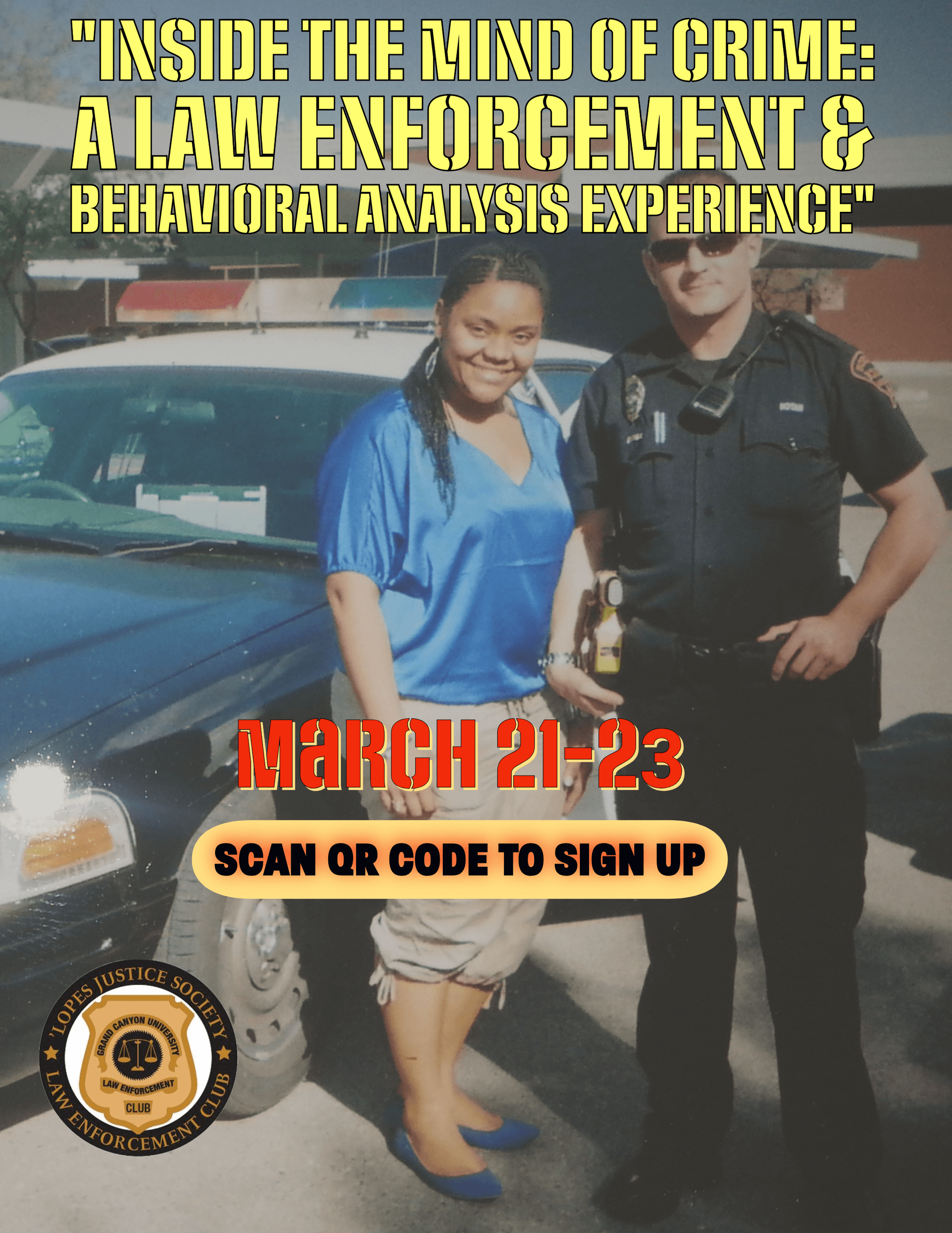 Law enforcement training with officer by patrol car, event flyer