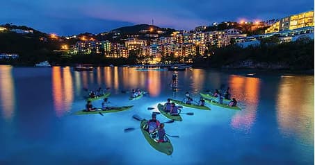 Night kayakers paddling on illuminated bay with city skyline