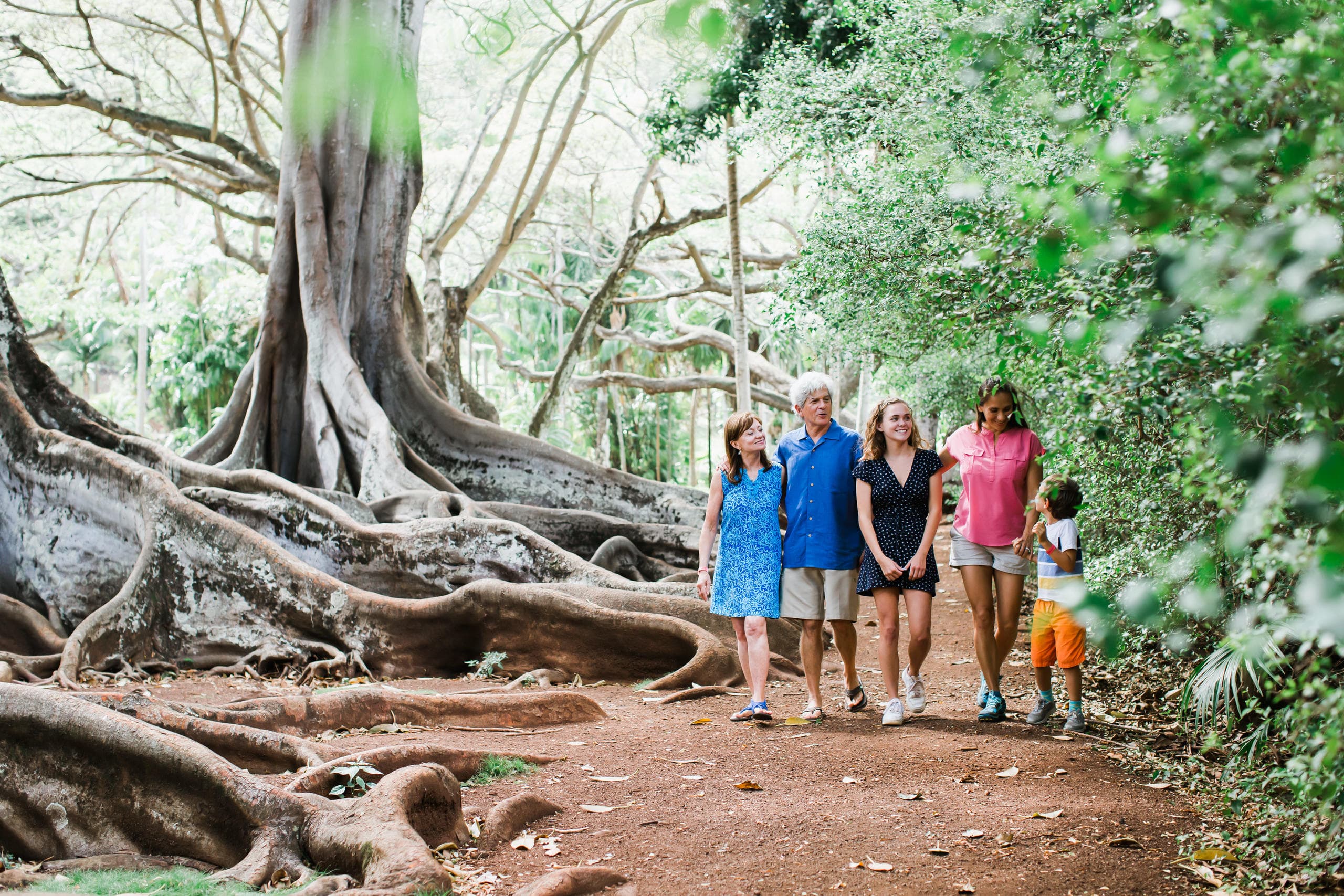 Family walking along banyan tree root trail in lush forest