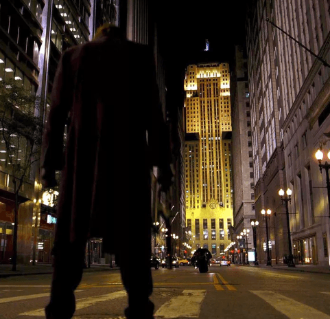 Nighttime urban walking tour with dramatic Chicago street scene