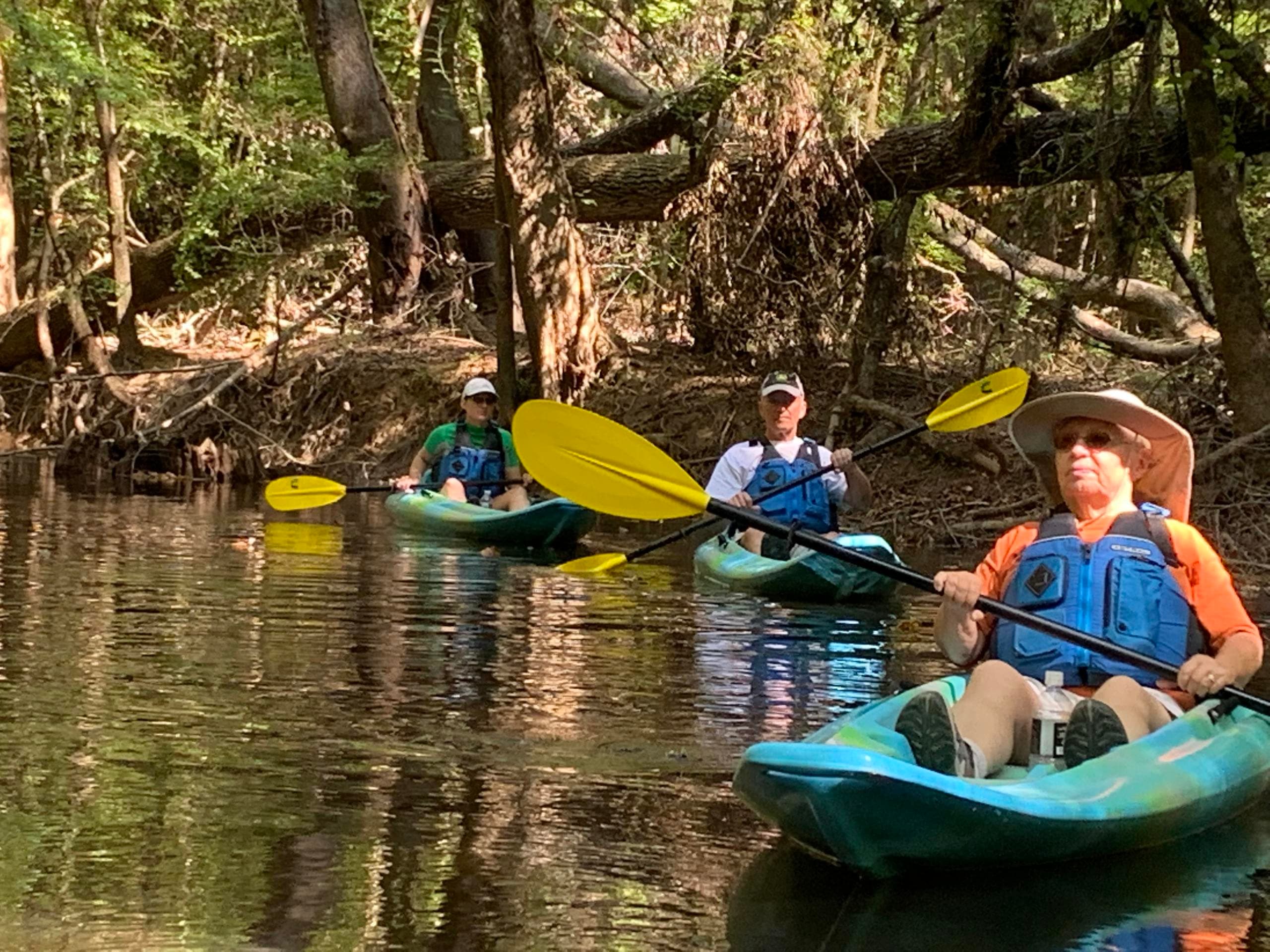 Kayakers paddling a shaded forest river channel on tour