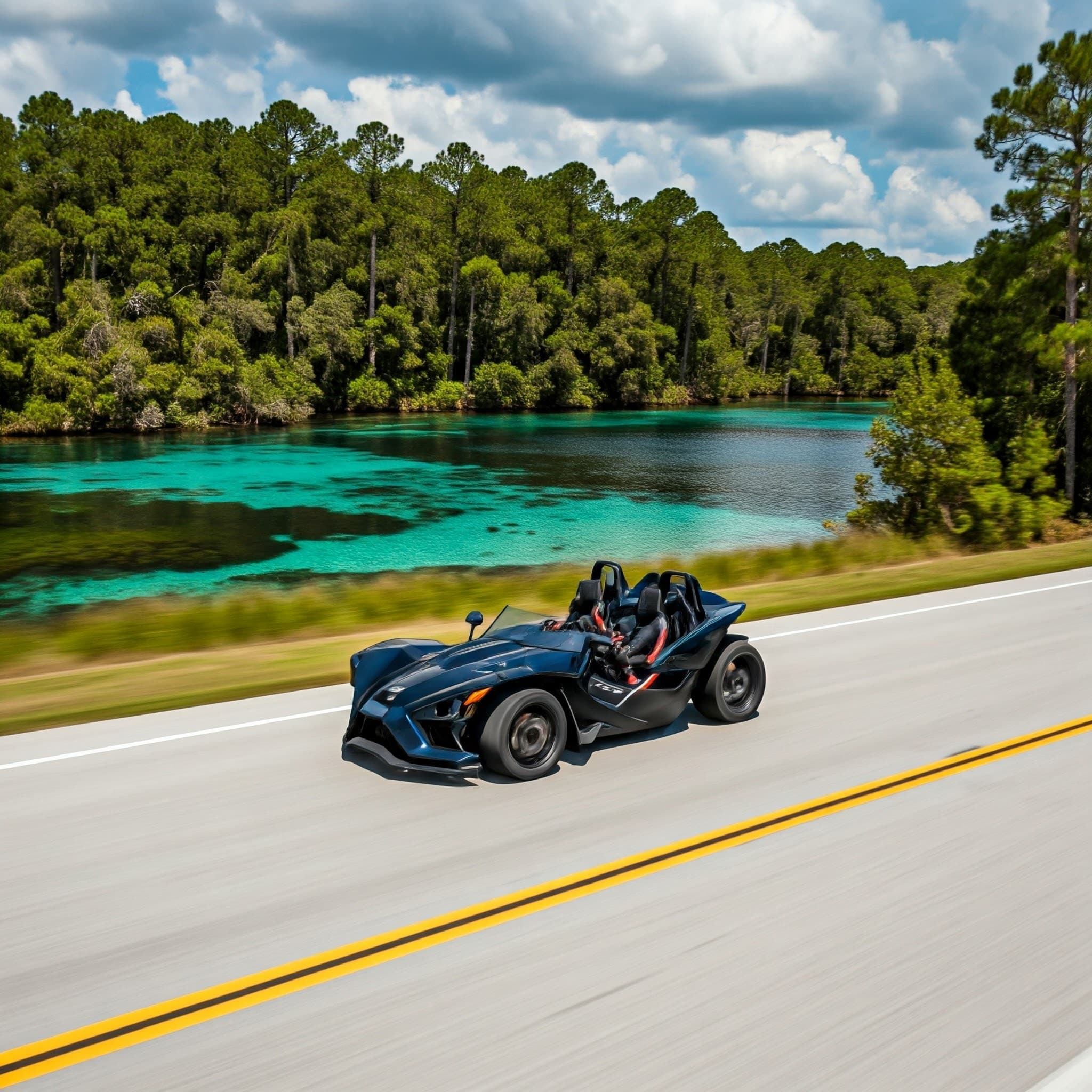 Open three-wheel Slingshot driving scenic coastal road past turquoise bay