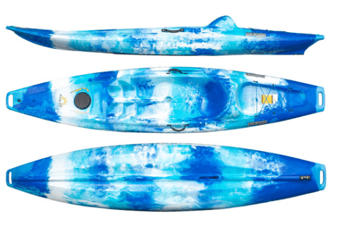 Three blue sit-on-top kayaks on white background, product