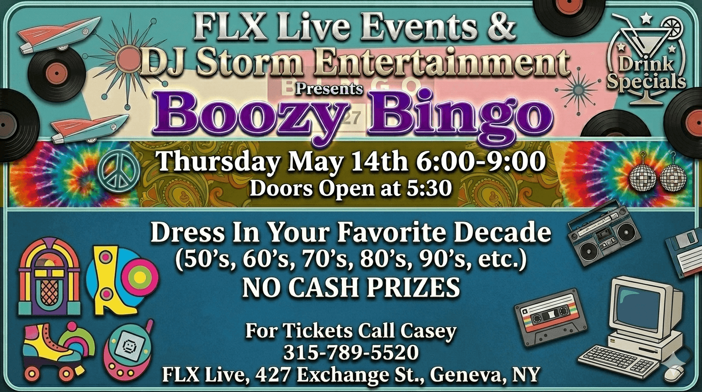 Boozy Bingo Decades Night at FLX Live Geneva | Finger Lakes Nightlife