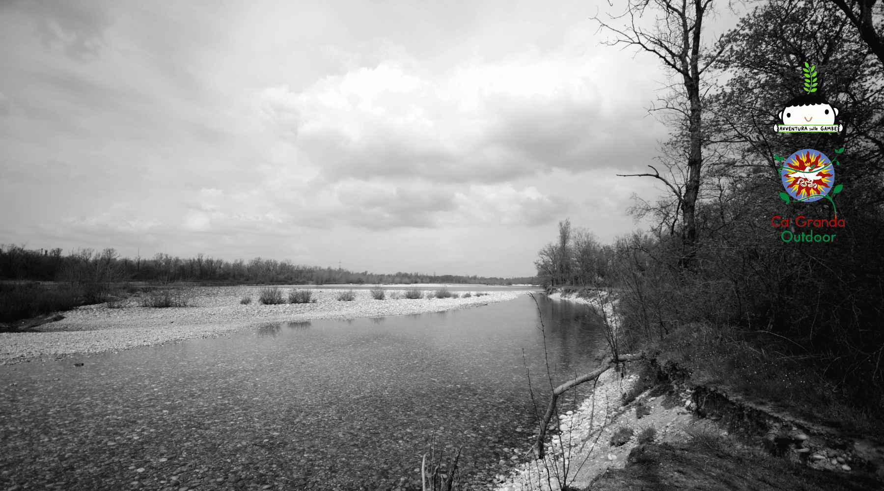 Riverside landscape with dramatic clouds, coastal nature walk