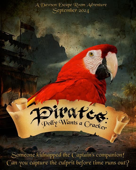 Pirate adventure poster with colorful parrot on a tropical ship deck
