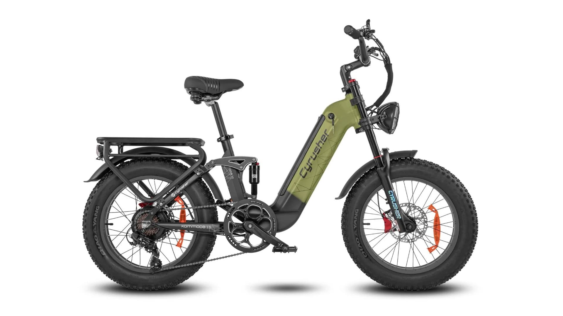 Green step-through electric commuter bike studio shot on white background