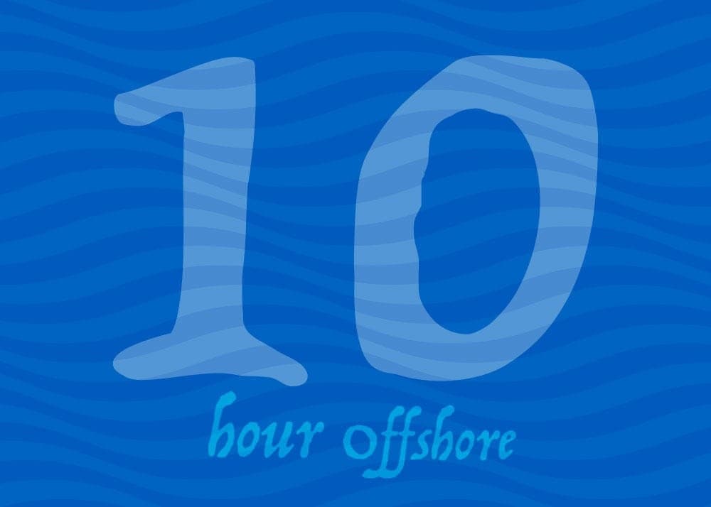 10-hour offshore fishing trip graphic with ocean waves