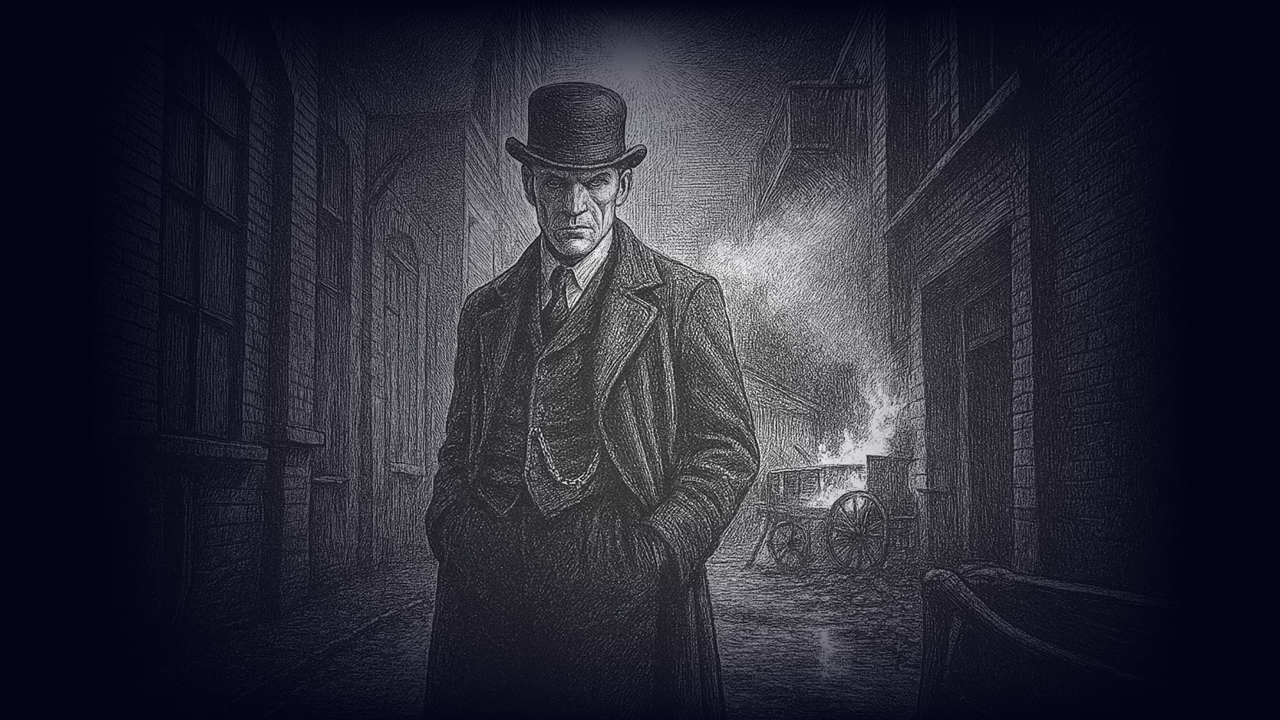 Gentleman in foggy Victorian street for historic walking tour