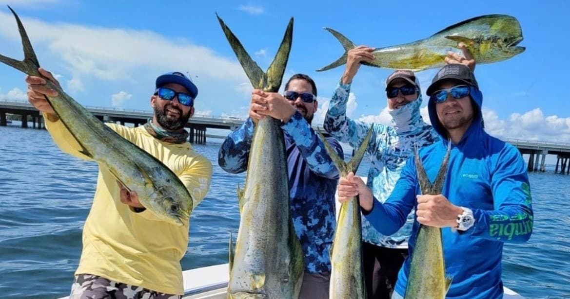 Group of anglers holding multiple mahi mahi aboard fishing boat