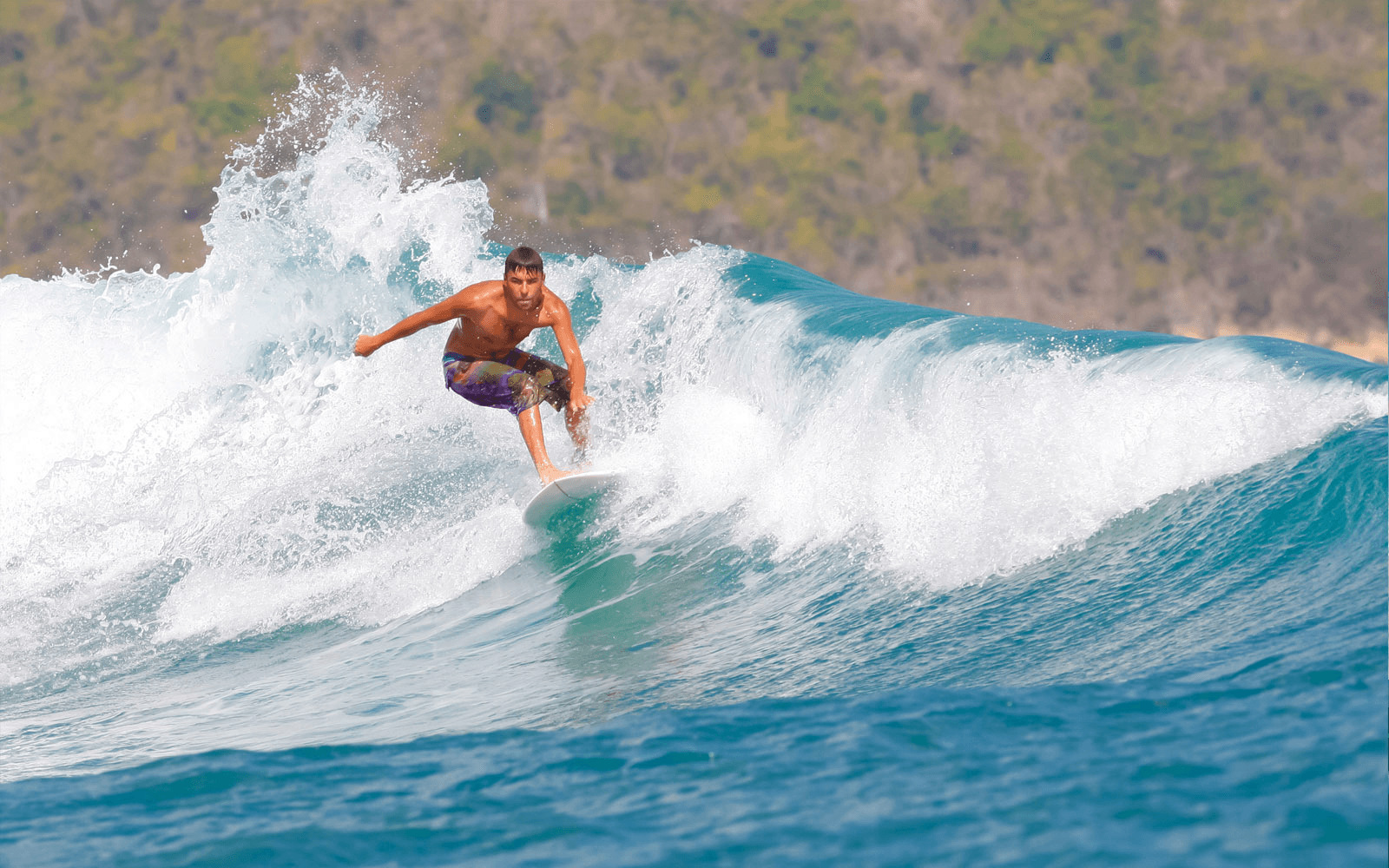 Surfer carving a blue wave off Kauai coastline, Hawaii