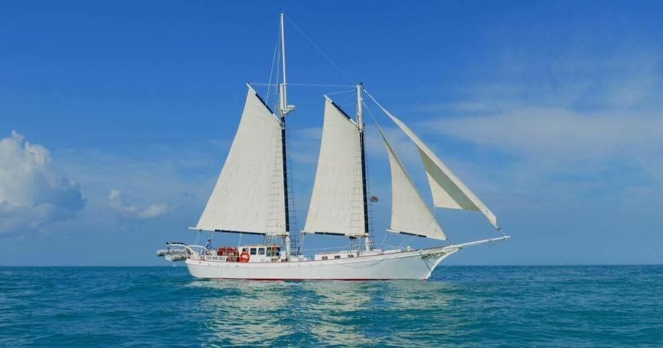 Schooner sailing on turquoise open sea under clear blue sky