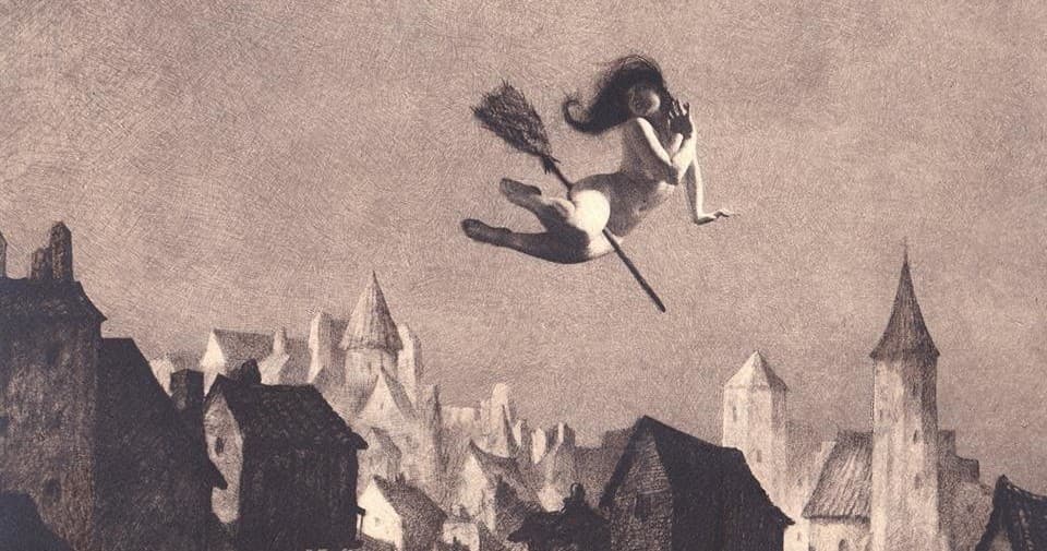 Illustration of witch flying over medieval town rooftops at dusk
