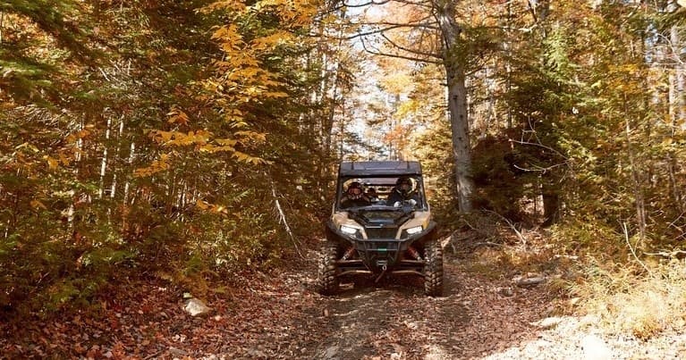 Off-road UTV navigating narrow wooded trail in autumn forest