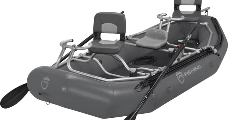 Gray inflatable fishing float tube with seats on white background