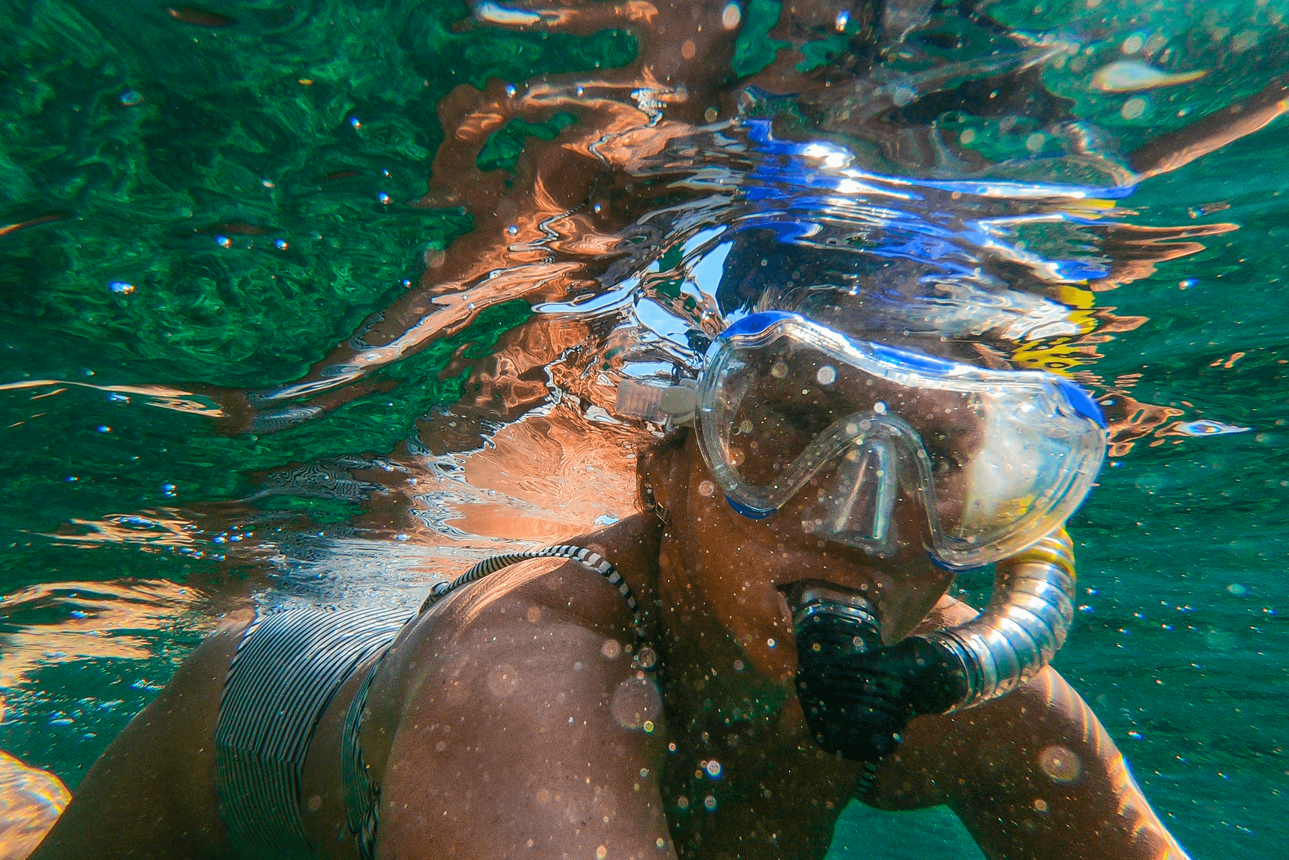 Snorkeler exploring clear tropical reef waters near shore