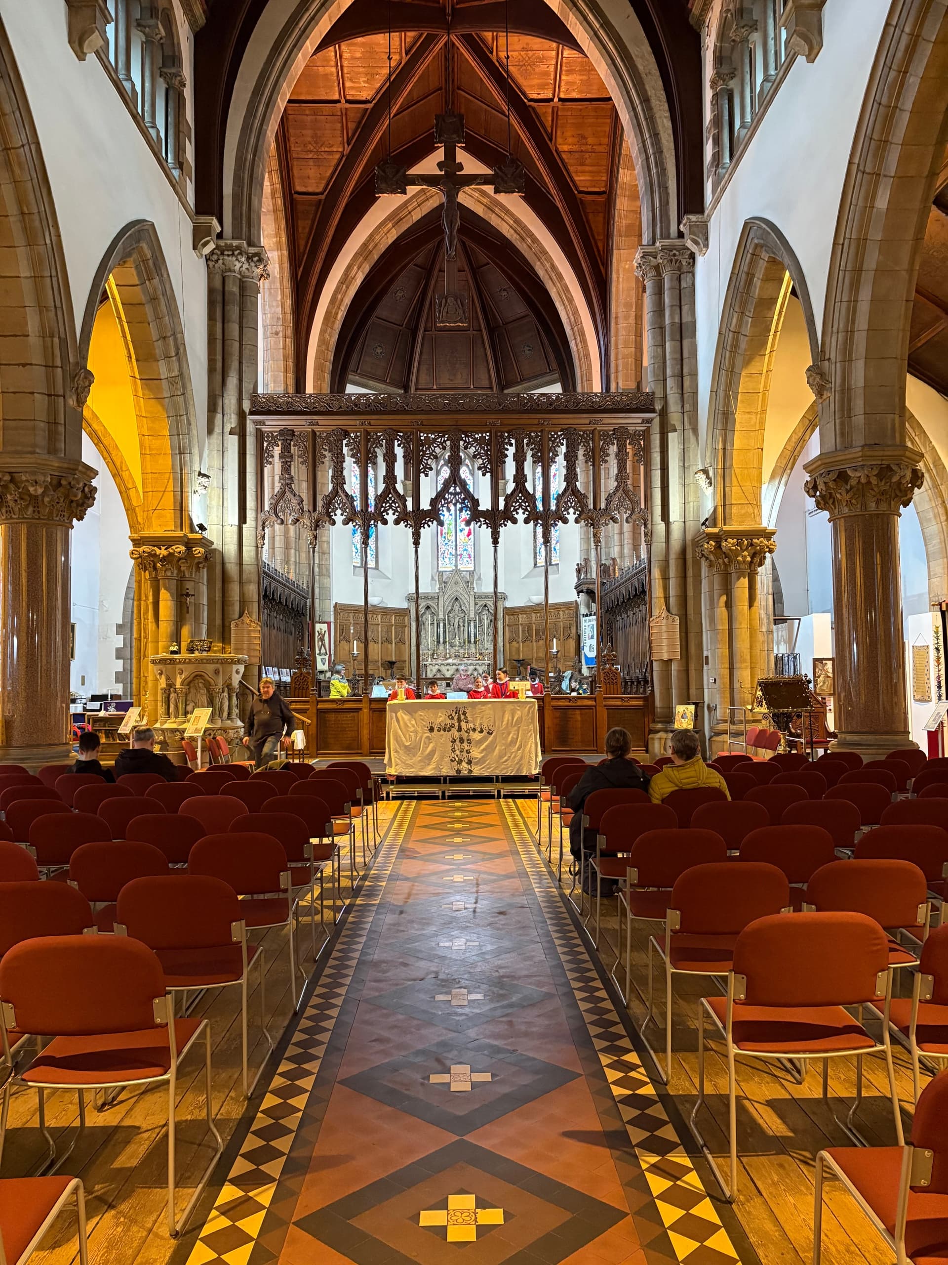 Aisle view toward altar inside Inverness Cathedral interior