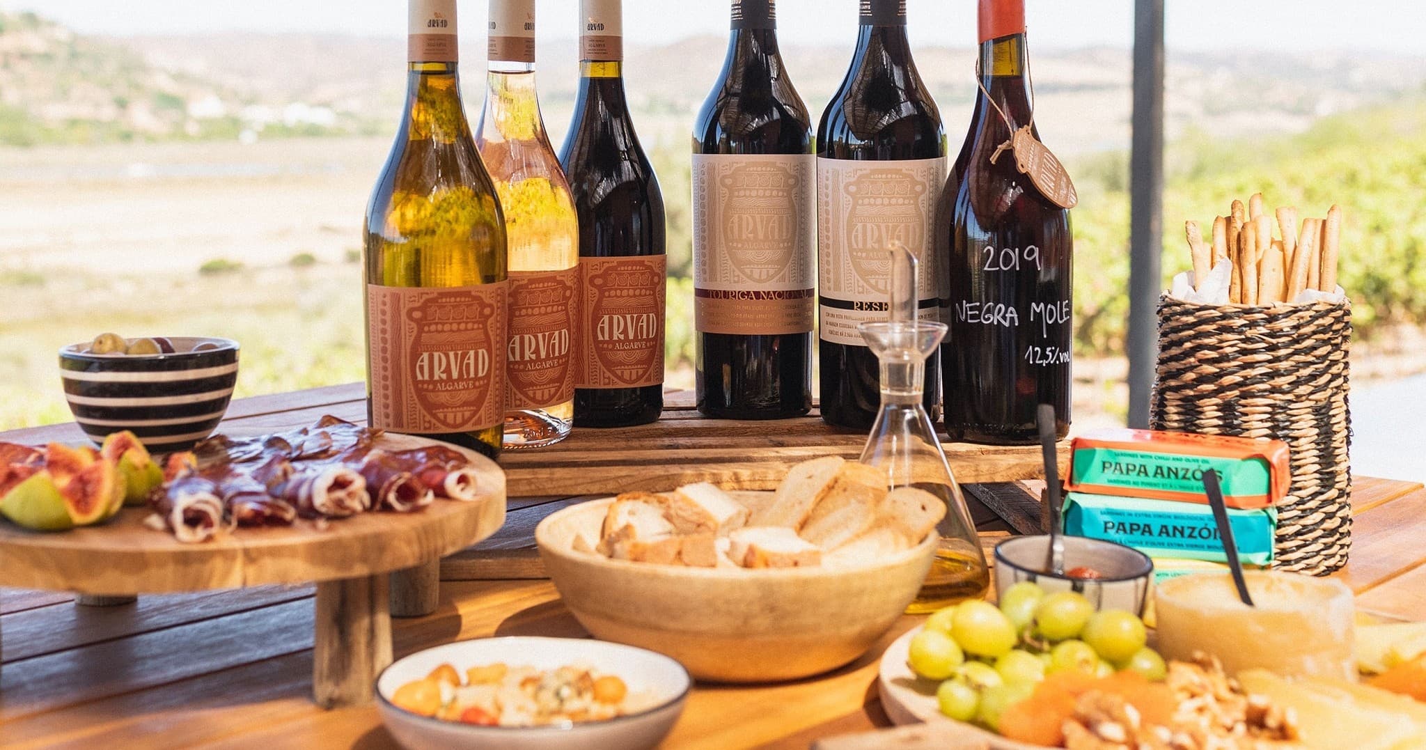 Al fresco wine tasting spread with charcuterie and bottles