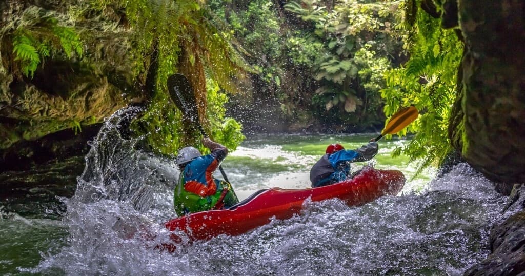 Kayakers navigating a forested river gorge whitewater rapid