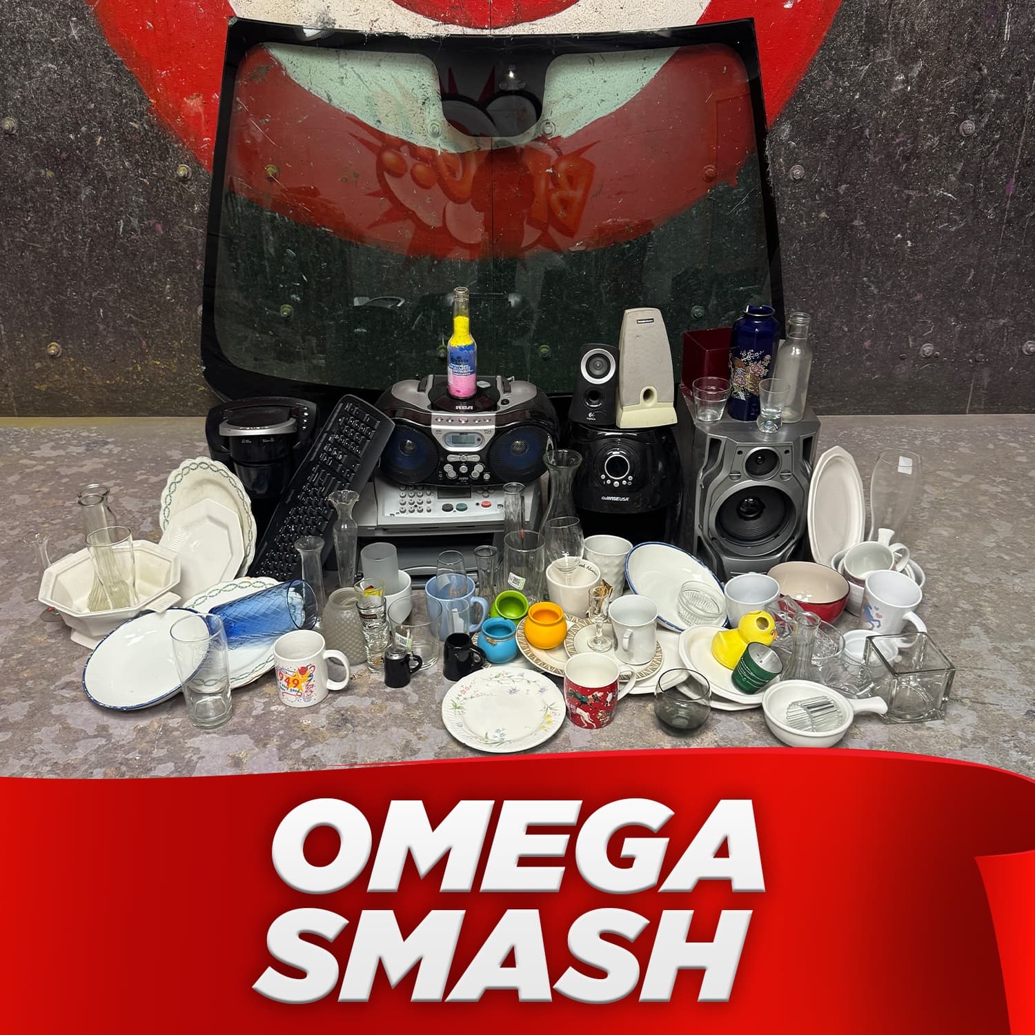 Larger household items and car windshield for smash room