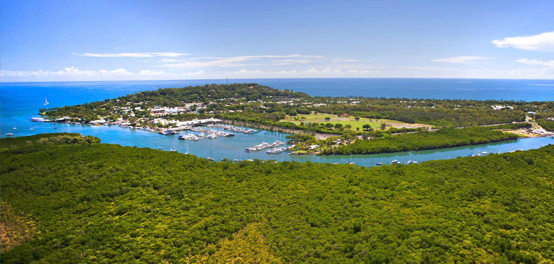 Aerial view of island marina and lush coastline, scenic harbor
