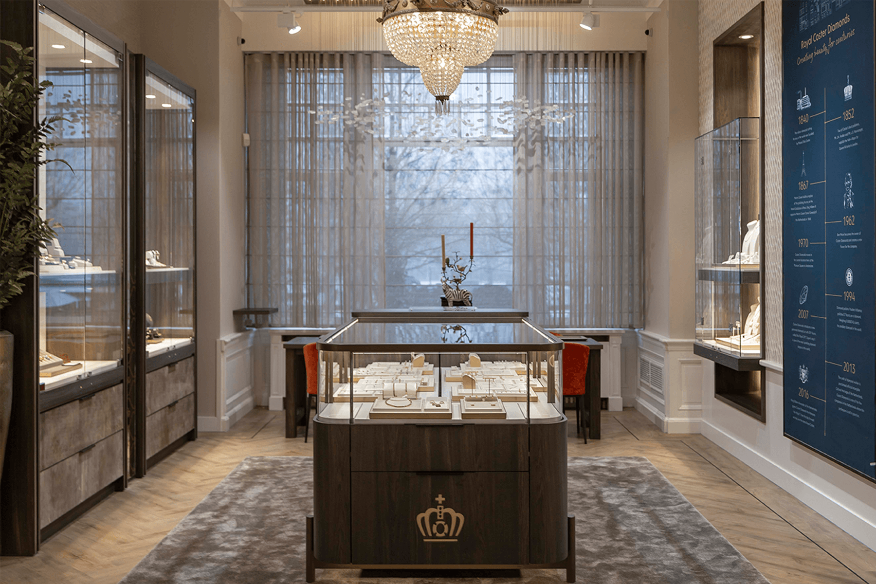 Empty luxury diamond boutique interior with display cases