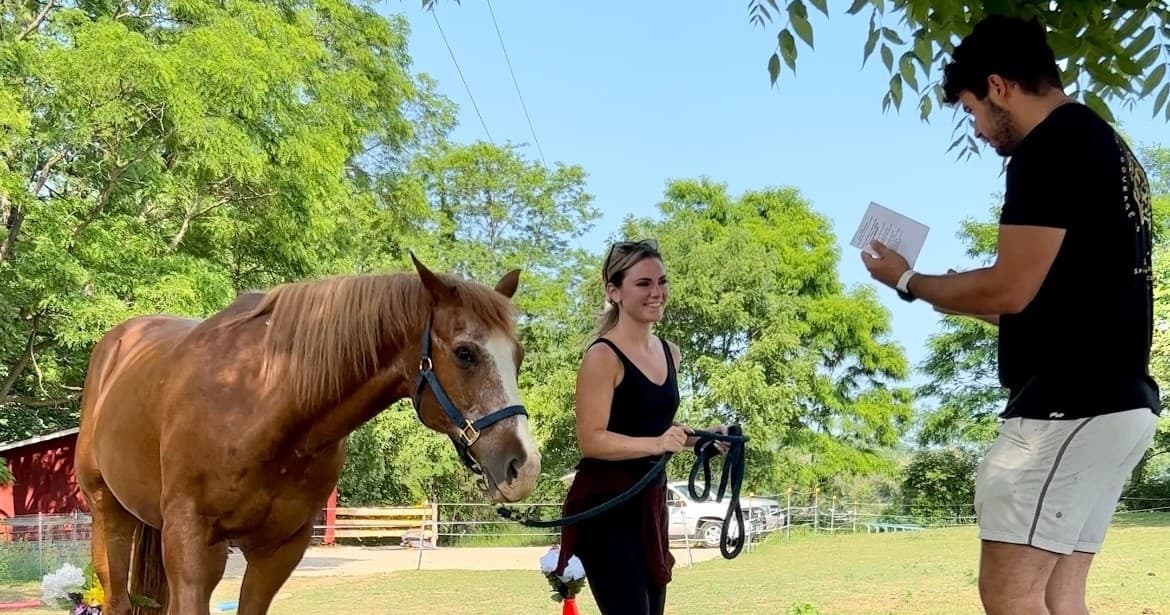 Horse handling lesson in pasture, instructor coaching student