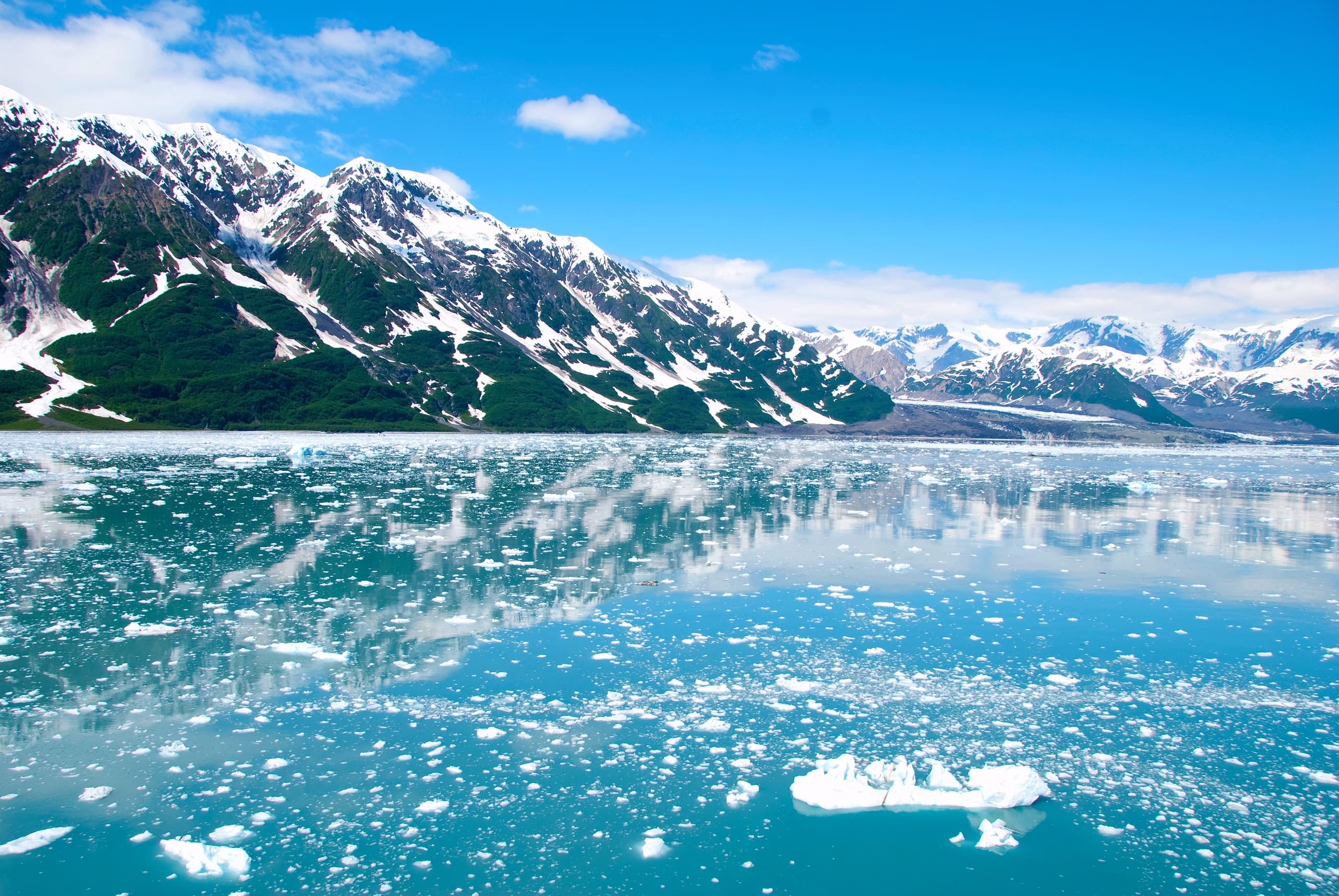 Glacier bay with floating icebergs under bright Alaska sky