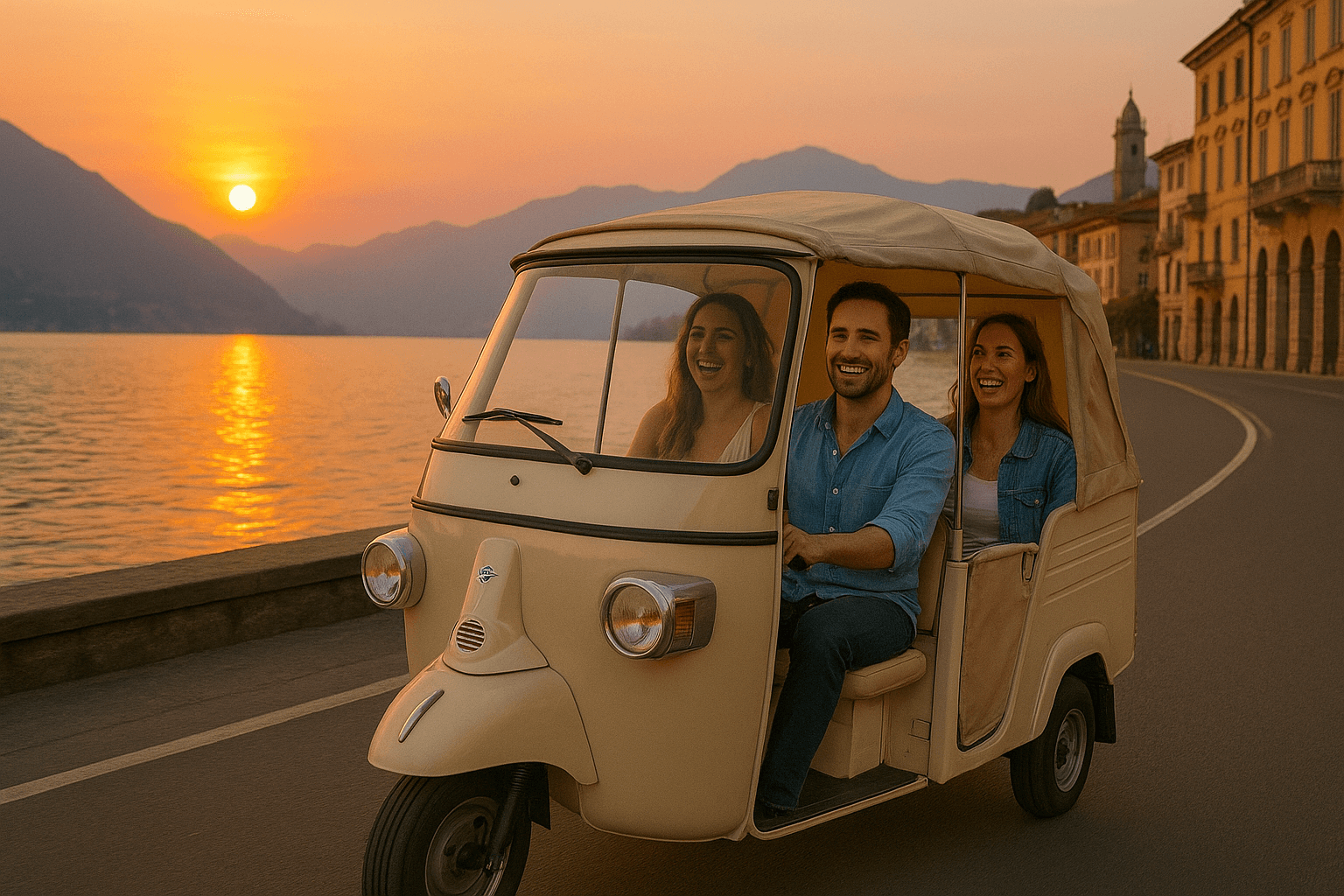 Lake Como Sunset Ride on an Ape Calessino: Prosecco & Golden Hour in Como