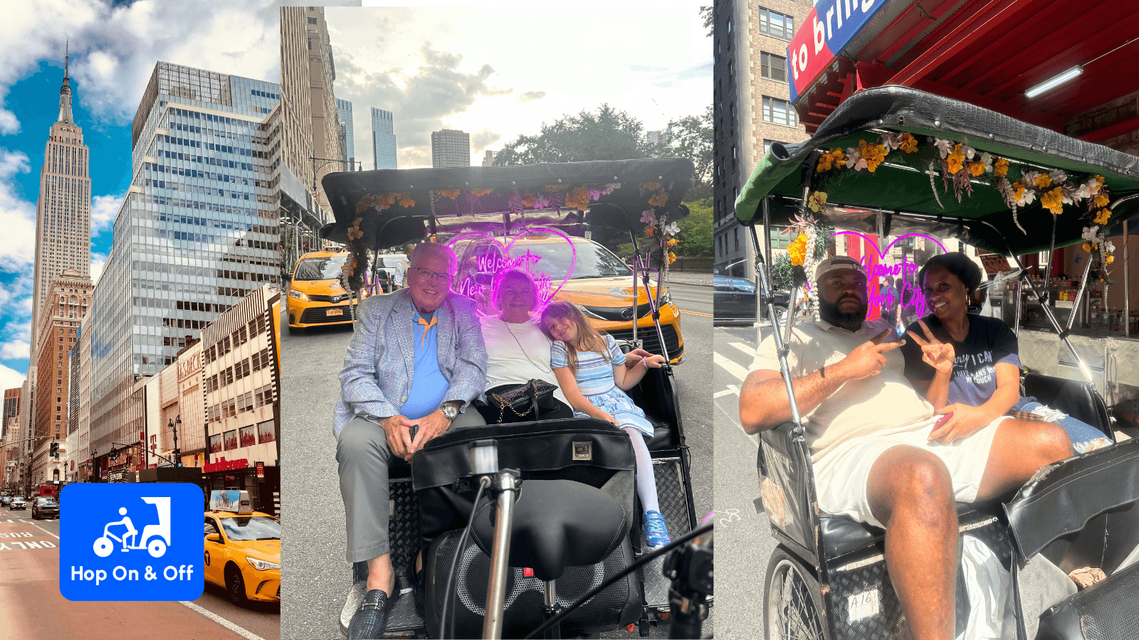 Group pedicab tour navigating New York City streets, smiling