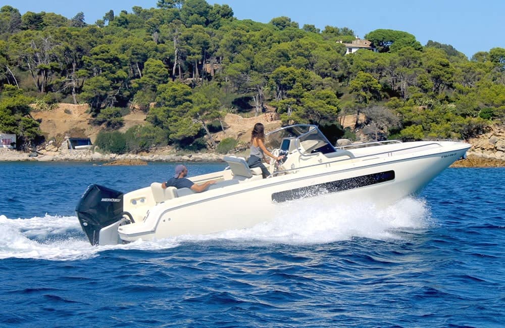 Speedboat cutting through blue sea with pine-covered shore backdrop
