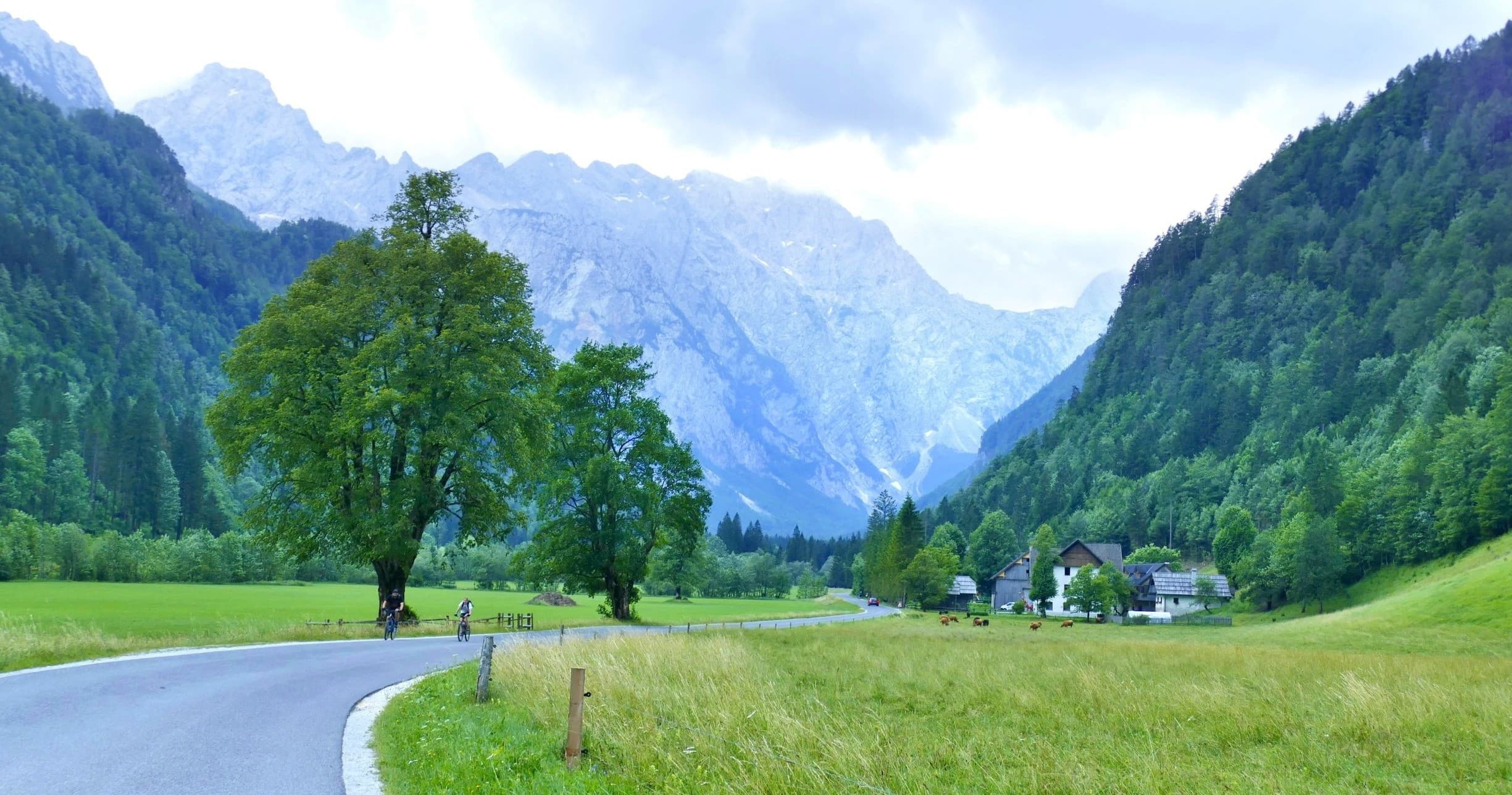Alpine valley road through green meadows and towering mountain peaks