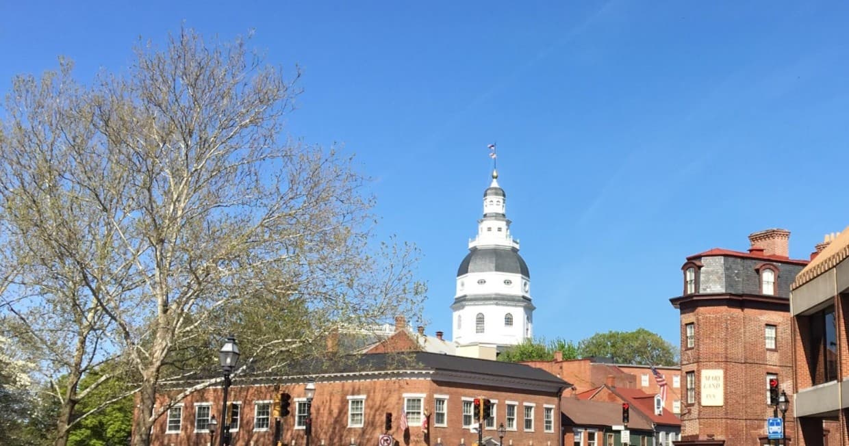 Scenic Annapolis waterfront view of Maryland State House dome