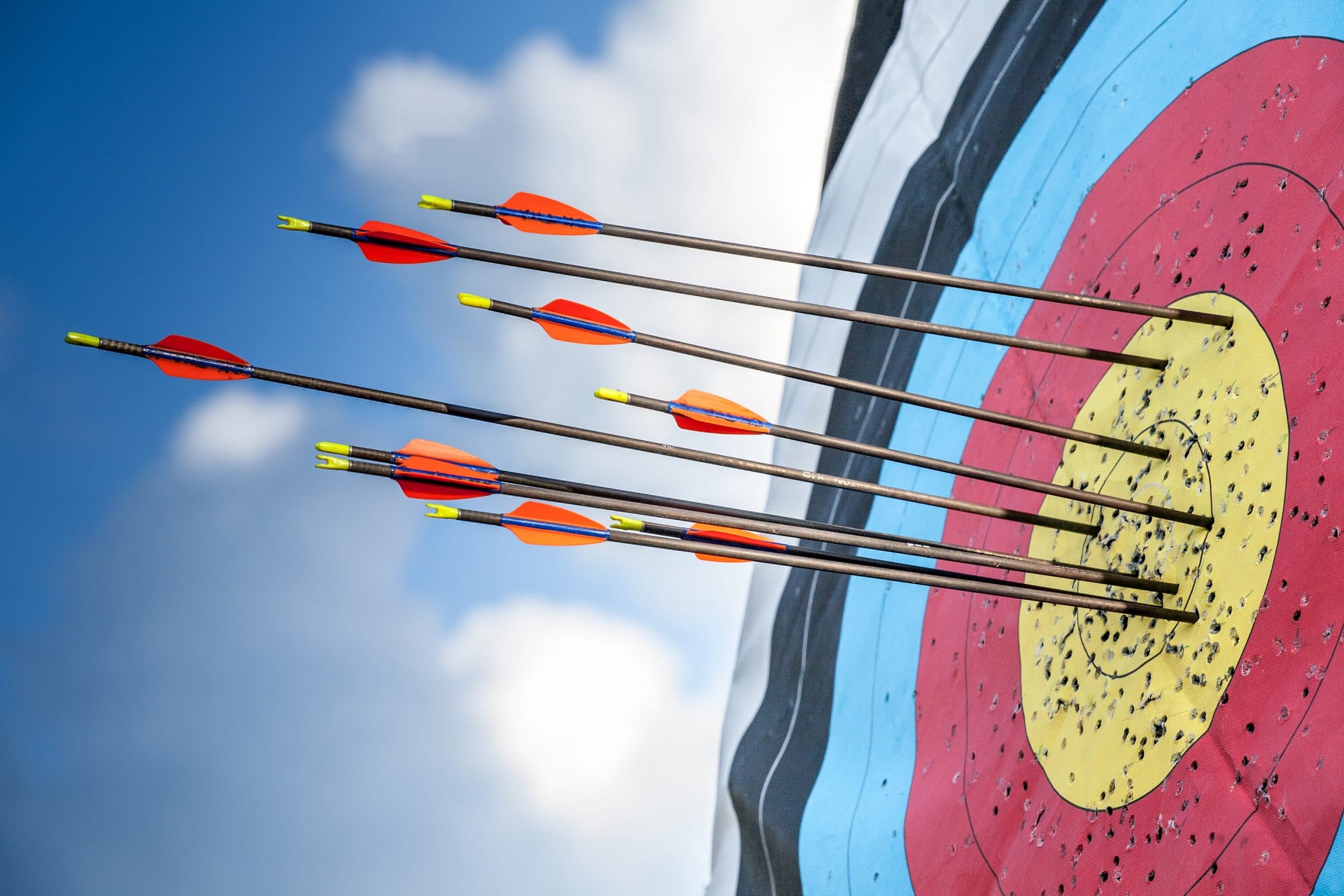 Arrows clustered in bullseye on archery target against sky