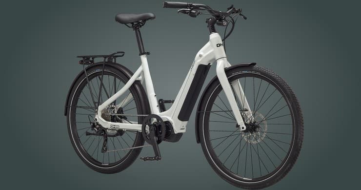 White electric commuter bike studio shot with empty copyspace