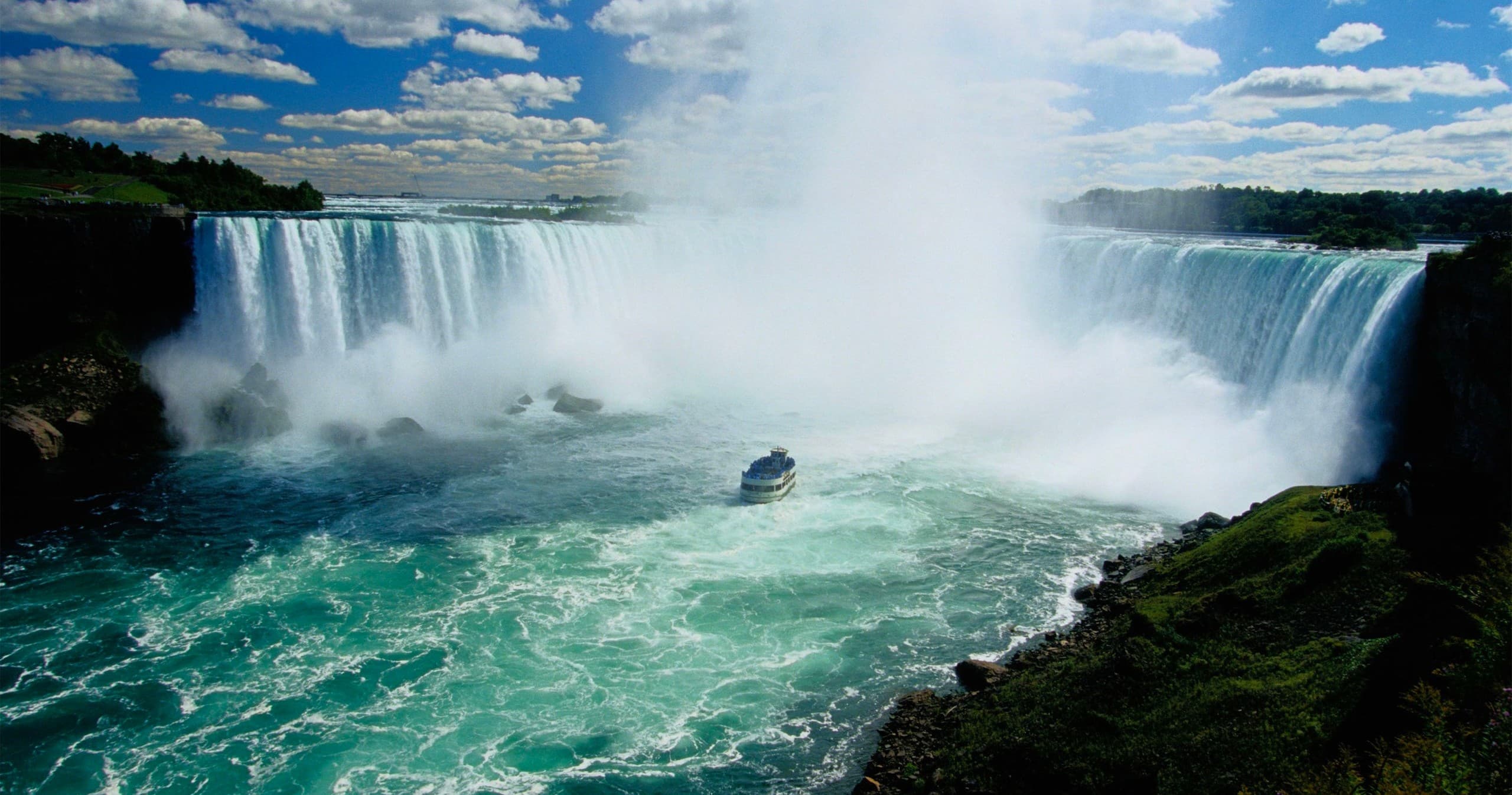 Panoramic Horseshoe Falls view with tour boat and shoreline