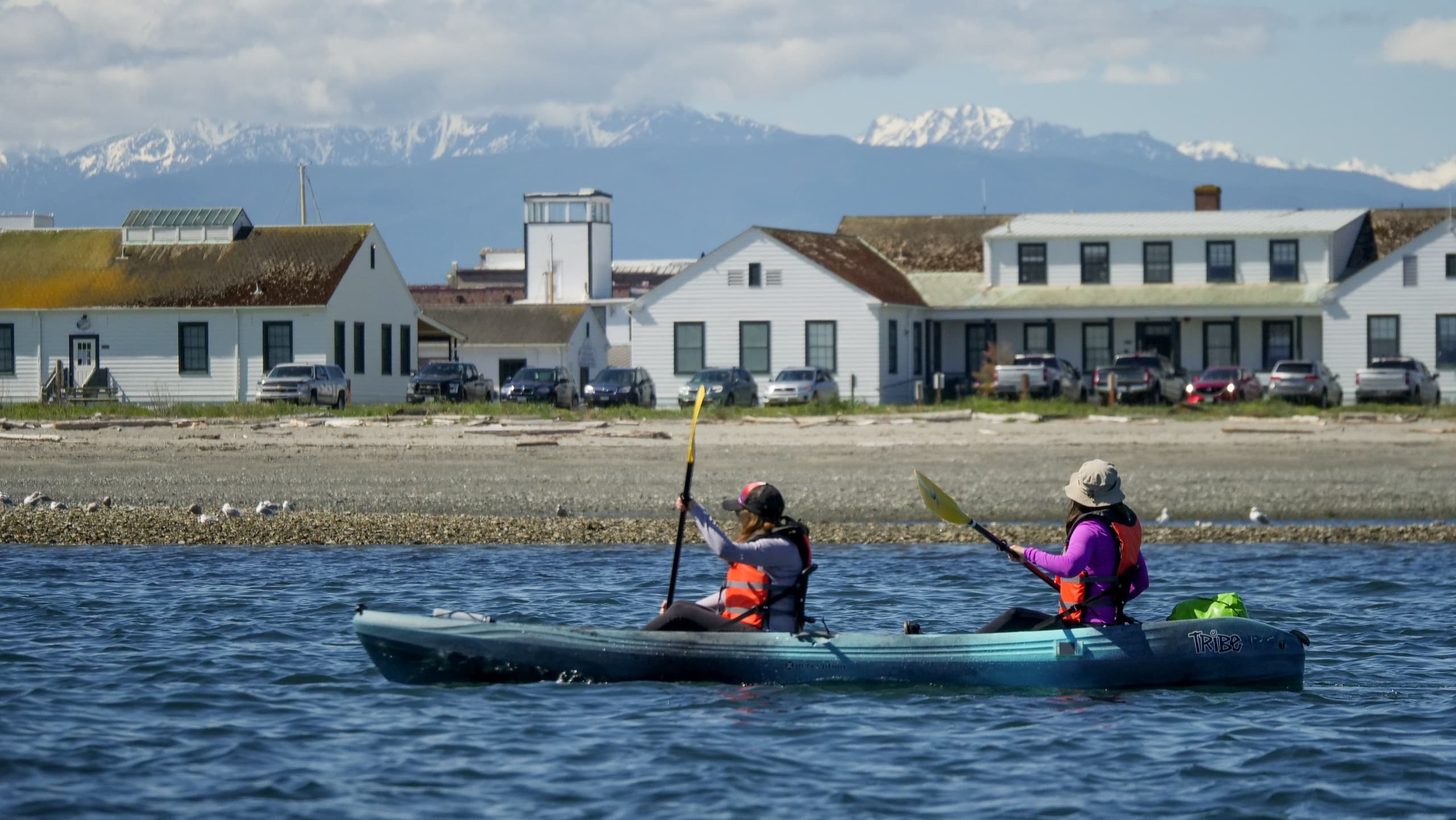 Two kayakers paddling past coastal town with snowcapped mountains