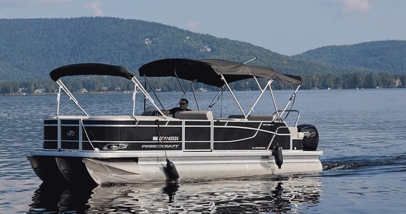 Dual-canopy pontoon on calm lake with mountain backdrop, scenic ride