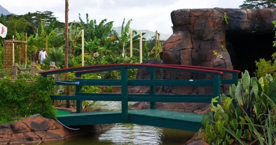 Lush tropical garden bridge and waterfall scene at Kauai park