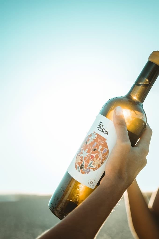 Person holding chilled wine bottle outdoors under blue sky